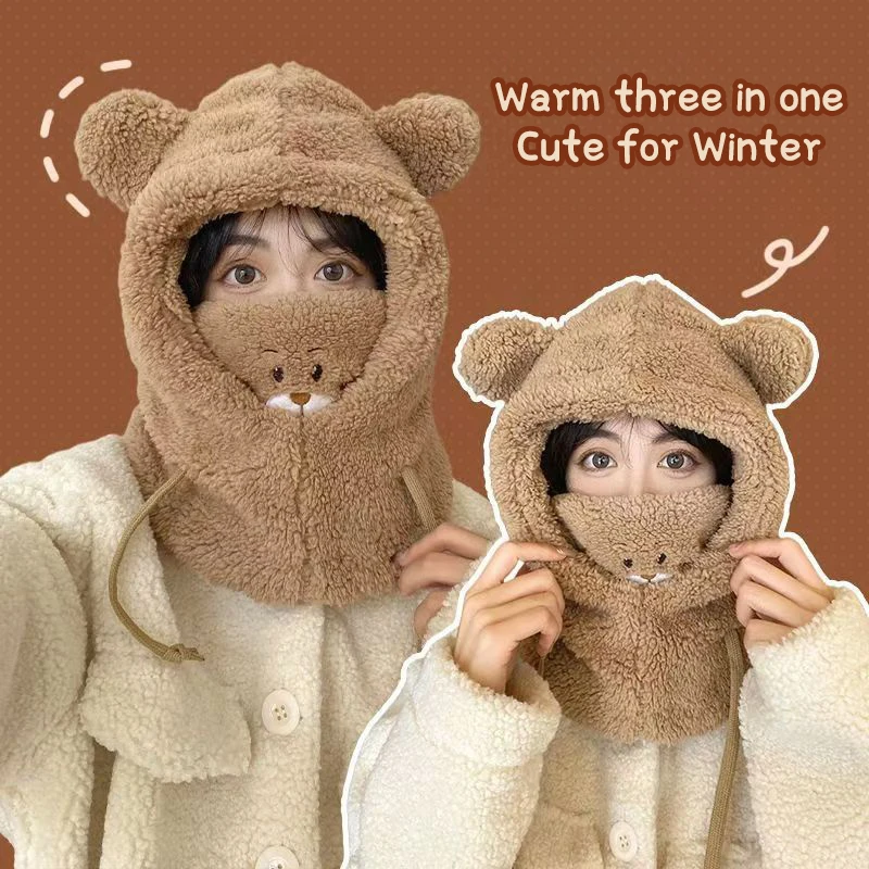 Cartoon Bear Ear Lamb Beanie Hat With Mask Warm Winter Thickened Ear Protection Autumn Skullies Beanies For Women Girl windproof winter hat