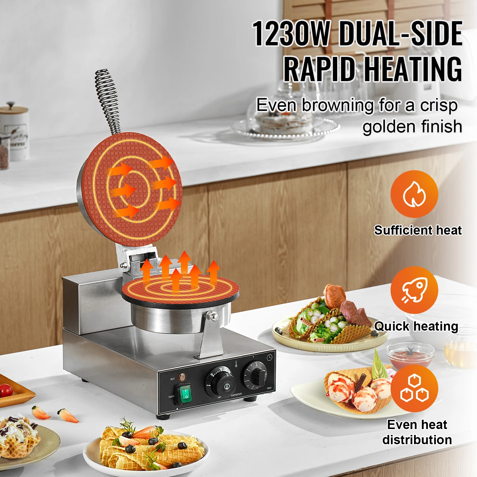 SucceBuy Electric Ice Cream Cone Maker Commercial Non-Stick Stainless Steel Egg Roll Mold with Temperature and Time Control 2