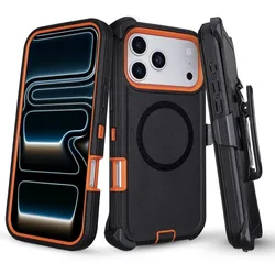 Ultimate Rugged Hybrid Phone Case with Screen Protector and Belt Clip - 3 - in - 1 Shockproof Cover - iPhone 15 Plus (Black Orange)