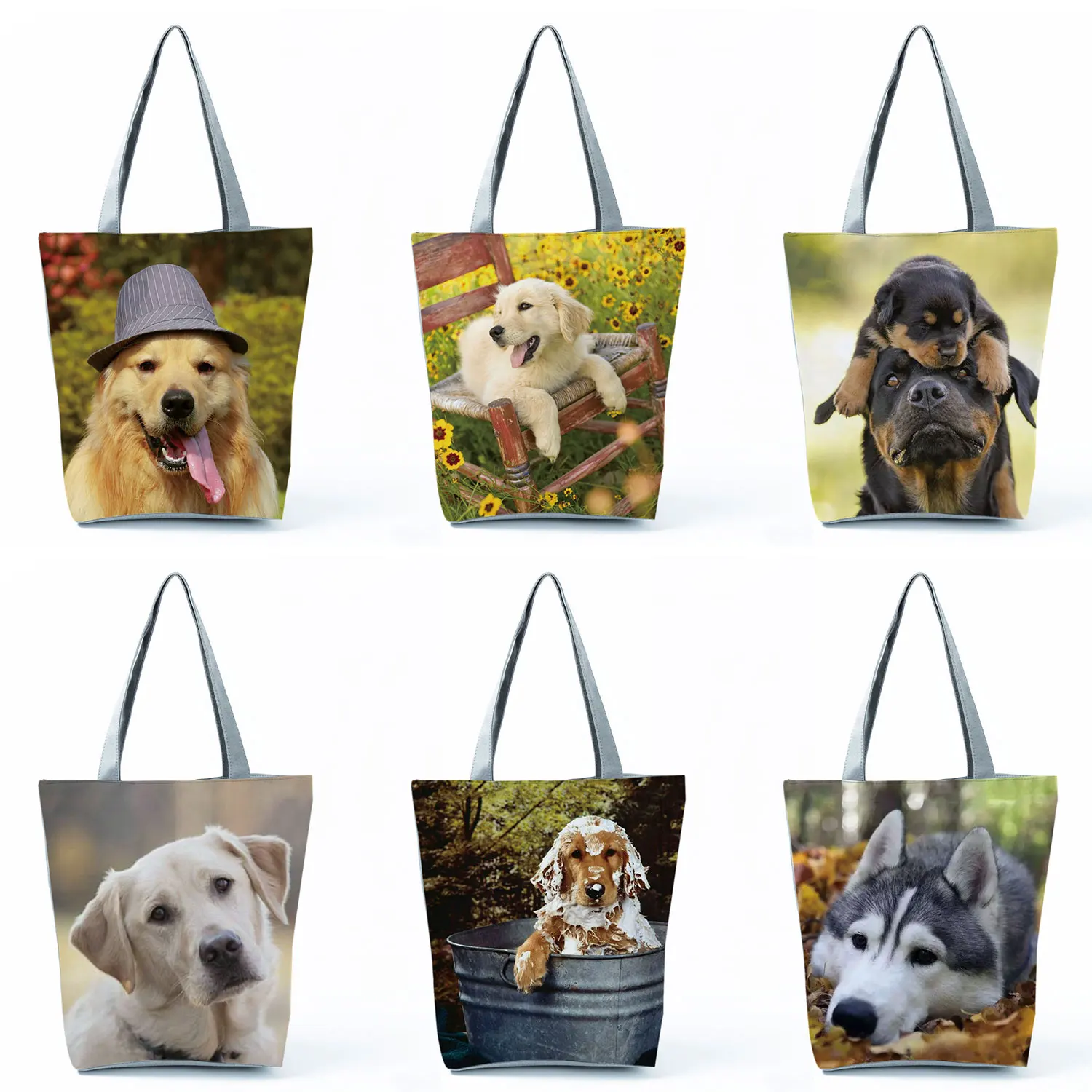 

Customizable Animal Dog Printed Ladies Shoulder Bag Foldable Storage Handbag Portable Shopper Bag Outdoor Beach Travel Tote Bags