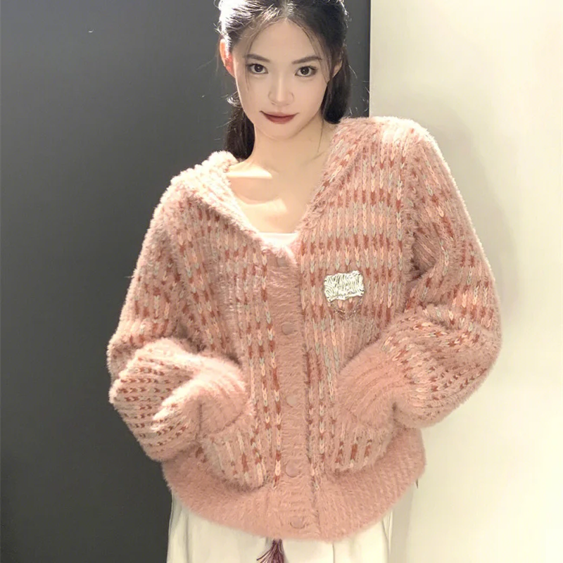 

Вязаный кардиган, свитер, дизайн, маленькая толпа, высококачественный розовый свитер для женщин, осенне-зимний свитер для женщин