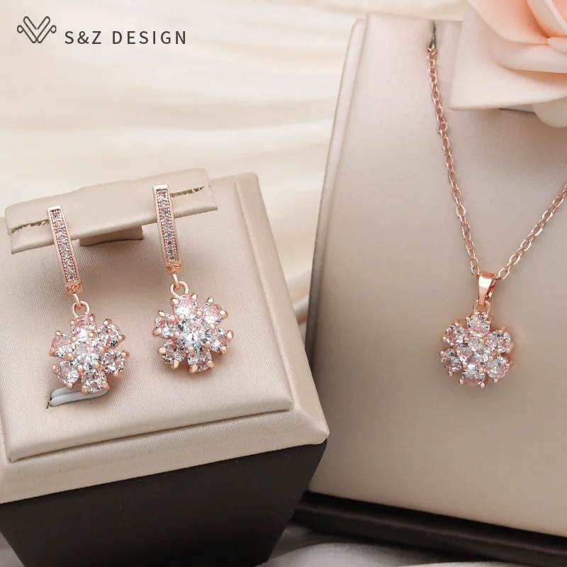 S&Z DESIGN New Fashion Cubic Zirconia Lovely Cute Snowflake Dangle Earrings For Women 585 Rose Gold Color Temperament Jewelry