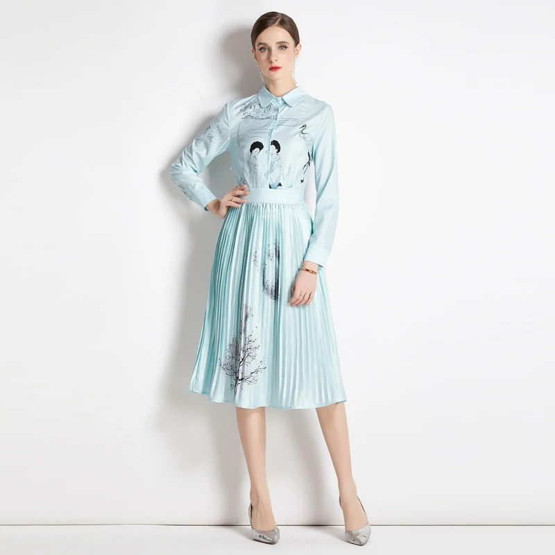 

Early Autumn Shirt Dresses Woman New Vintage Style Cartoon Print Midi Dresses Polo Collar A-Line Slim Long Sleeve Pleated Dress