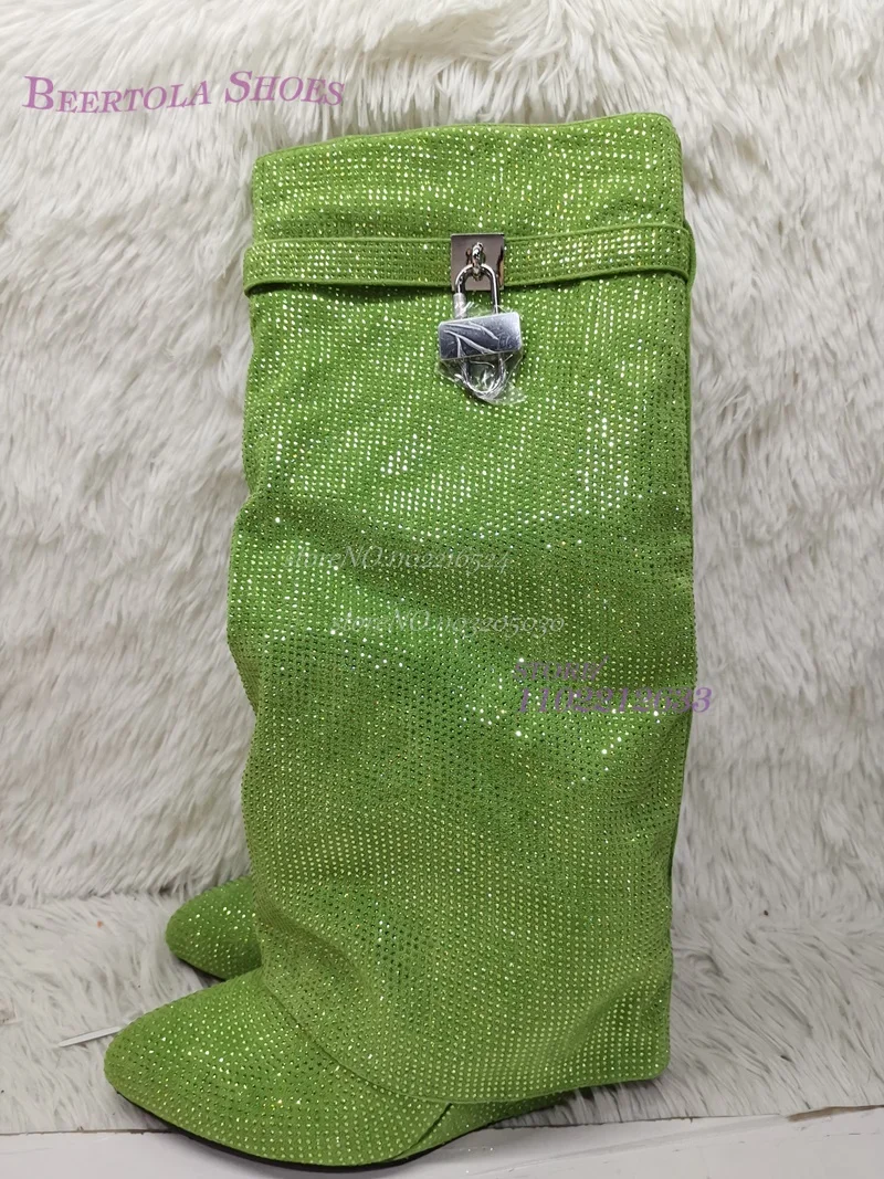 Pink Crystal Flat Knee Boot Women Luxury Diamond Black Leather Round Toe Calf Booties Silver Black Metal Buckle Zip Fashion Shoe