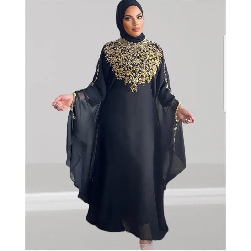 Black Royal Dubai Kaftan Abaya African Beaded Arab Party Floral Abaya Dress European and American Fashion Trends