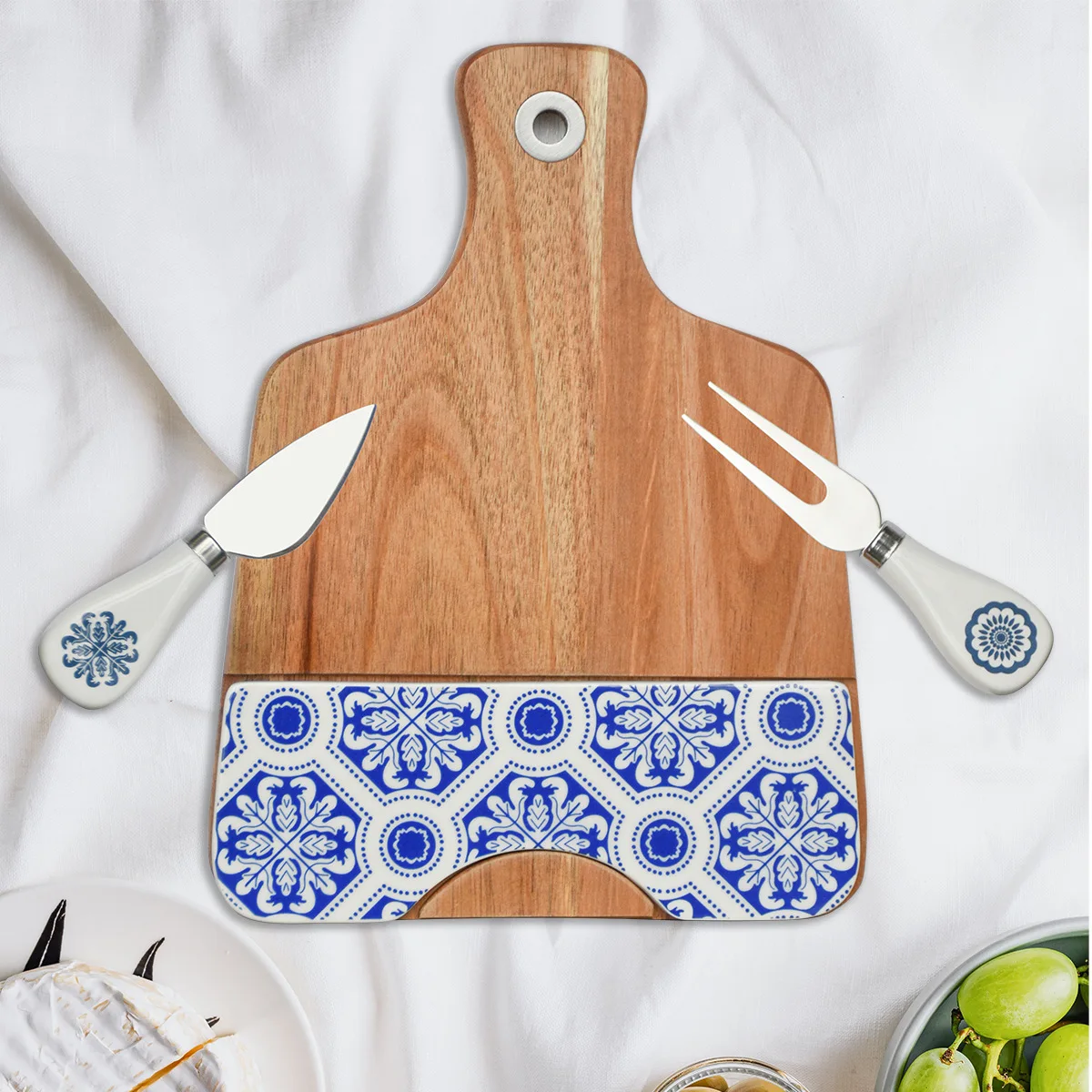 

Acacia Wood Cheese Board Creative Ceramic Cutting Board with Knife and Fork Eco Chopping Block Set Fruits Cutting Board