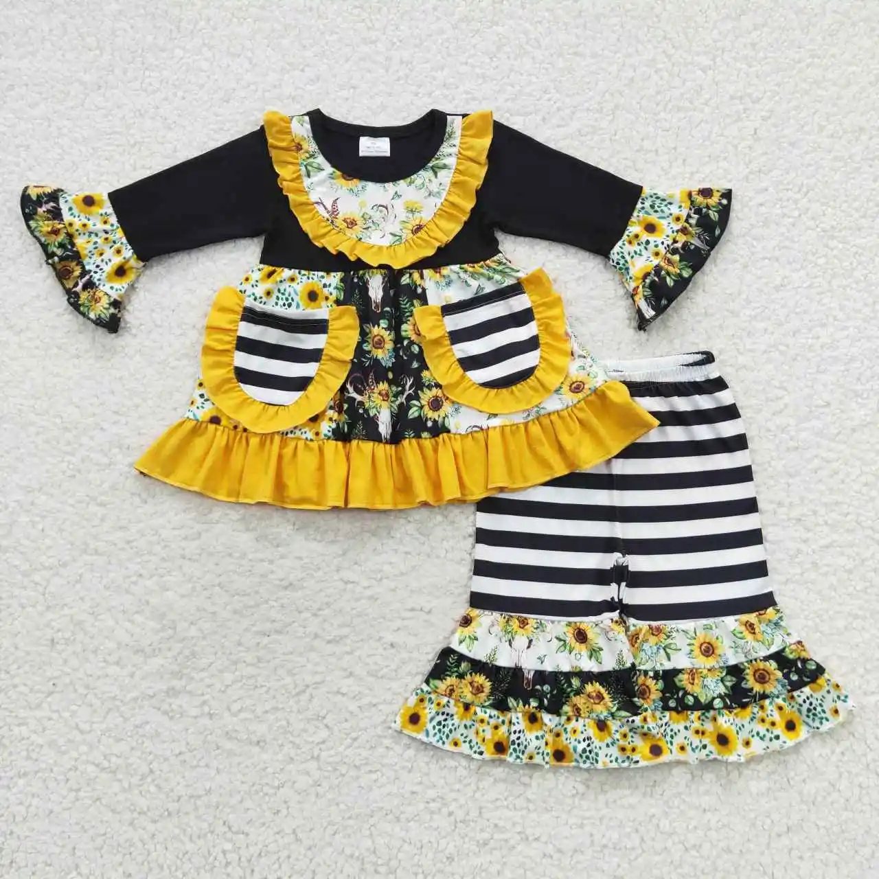 

Wholesale Baby Girl Flower Outfit Long Sleeve Pocket Ruffle Tunic Childrent Kids Stripes Pants Toddler Western Cow Sunflower Set