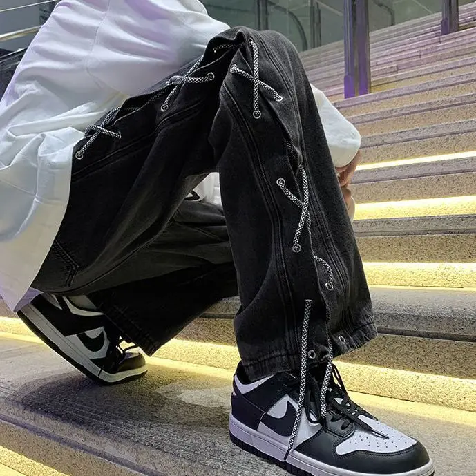 Streetwear Y2k Jeans Pants Lace Up Baggy Black Jeans Man Pants Designer Clothes Side Split Korean Fashion New