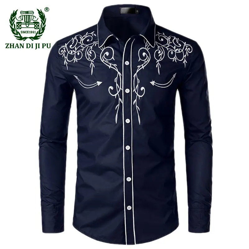 Cotton Shirt Long Sleeve Shirt Men Casual Shirt Western Cowboy Embroidery Shirts Men Casual Long Sleeve Slim Fit Shirt Male Wedding Party Social Men's Club Prom Chemise Homme