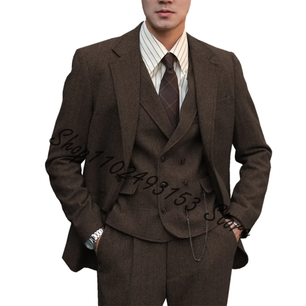 3 Piece Men's Suits Business Formal Slim Fit Herringbone Tweed Groosemen Suits For Wedding Blazer+Vest+Pants Costume Homme
