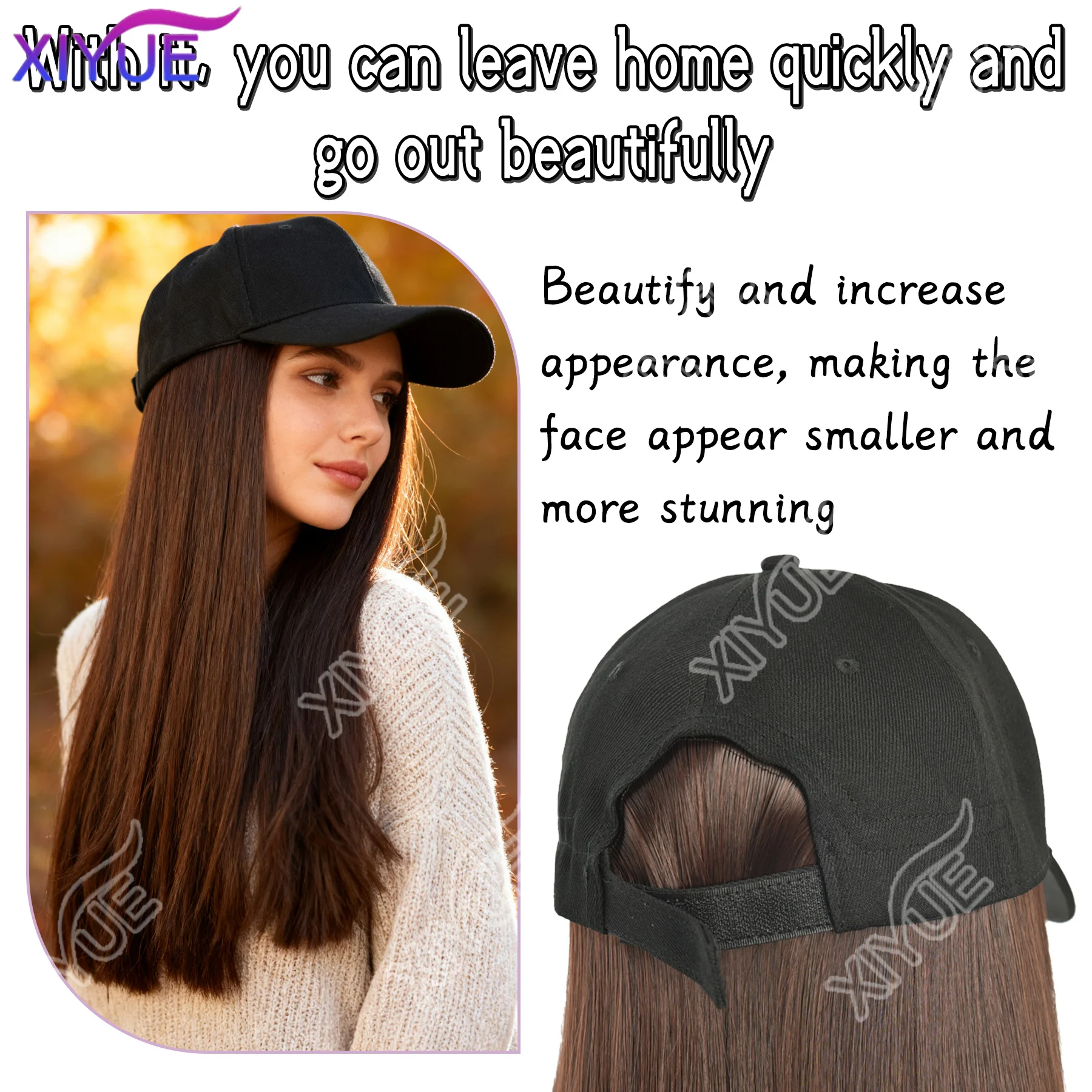 XY Synthetic Hat Wig with Long Straight Black Hair Baseball Cap Hair Extension Stylish & Convenient All-in-One Design for Women