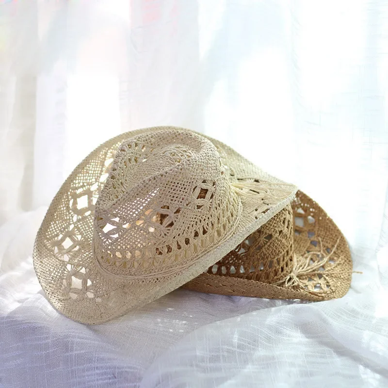 밀짚 서부 카우보이 모자 손으로 만든 해변 펠트 Sunhats 파티 모자 남자 여자 컬링 브림 모자 태양 보호 남여 모자
