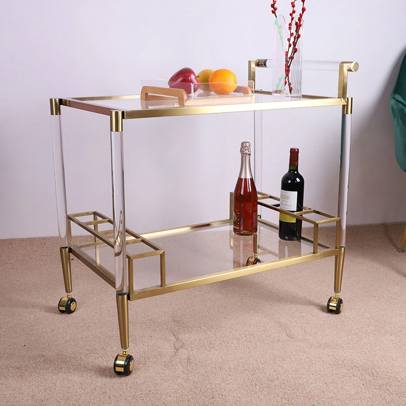 Metal Brass Fancy Luxury Clear Acrylic Food Cart Stainless Steel Modern Design Handcrafted Acrylic Serving Trolley