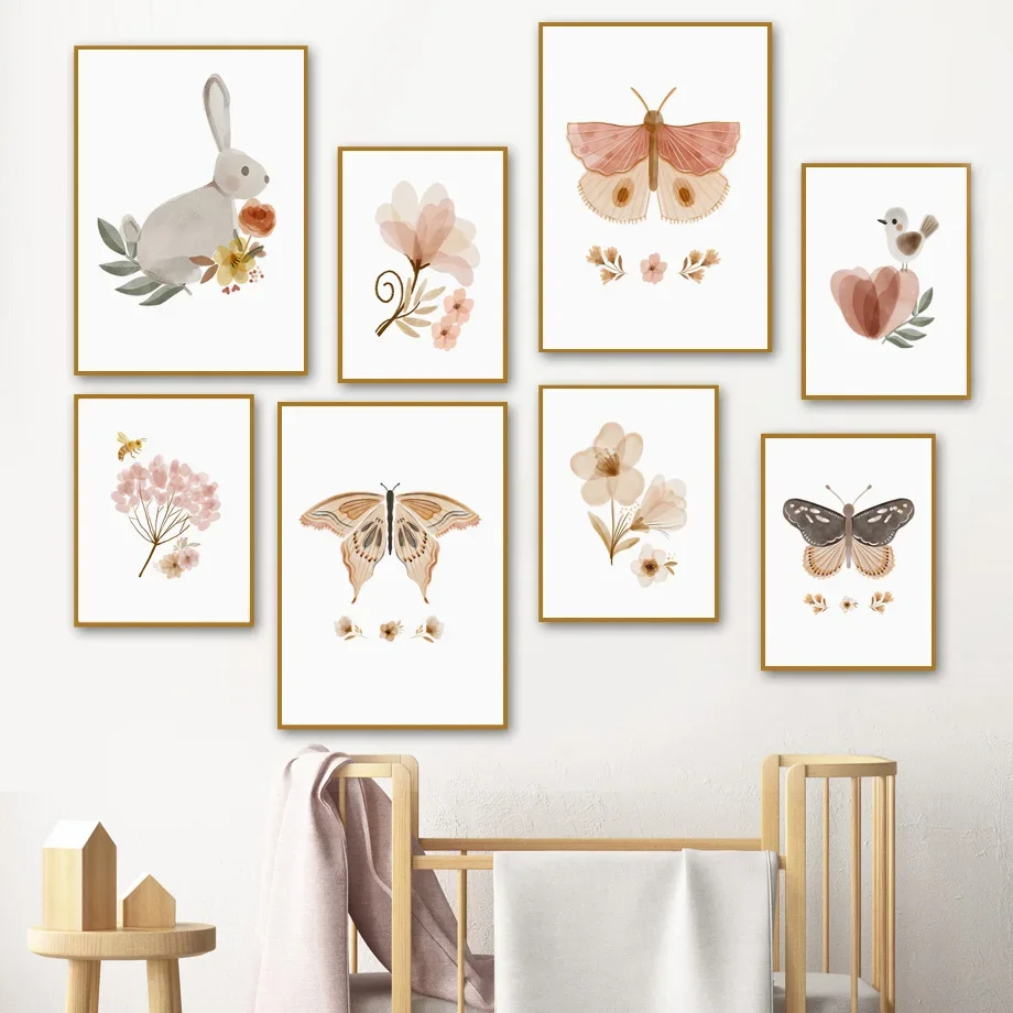 

Boho Butterfly Flower Rabbit Apple Mushroom Nursery Wall Art Canvas Painting Posters And Prints Wall Pictures Kids Room Decor