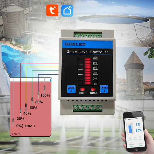 KONLEN Water Level Sensor Tuya WIFI Tank Boiler Level Controller Pool Shower Flow Monitor Smart Life Flood Leak Alarm Detector 2