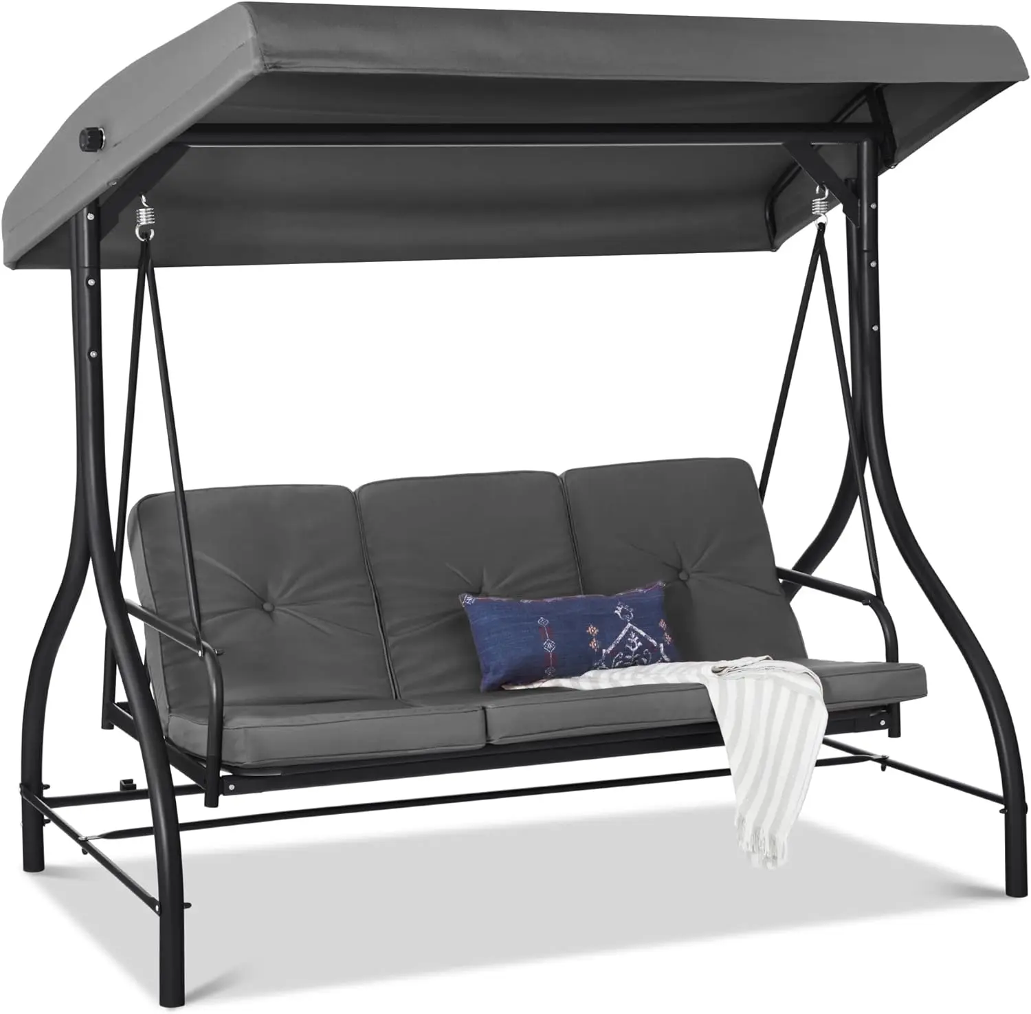 

3-Seat Outdoor Large Converting Canopy Swing Glider, Patio Hammock Lounge Chair for Porch, Backyard w/Flatbed, Adjustable Shade