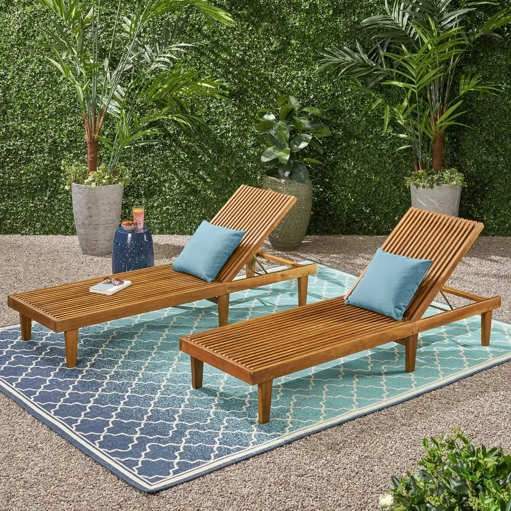 

Patio Chaise Lounge Chair, Outdoor Wooden Recliner Chair Set of 2, Teak Finish Chaise Lounge Chairs