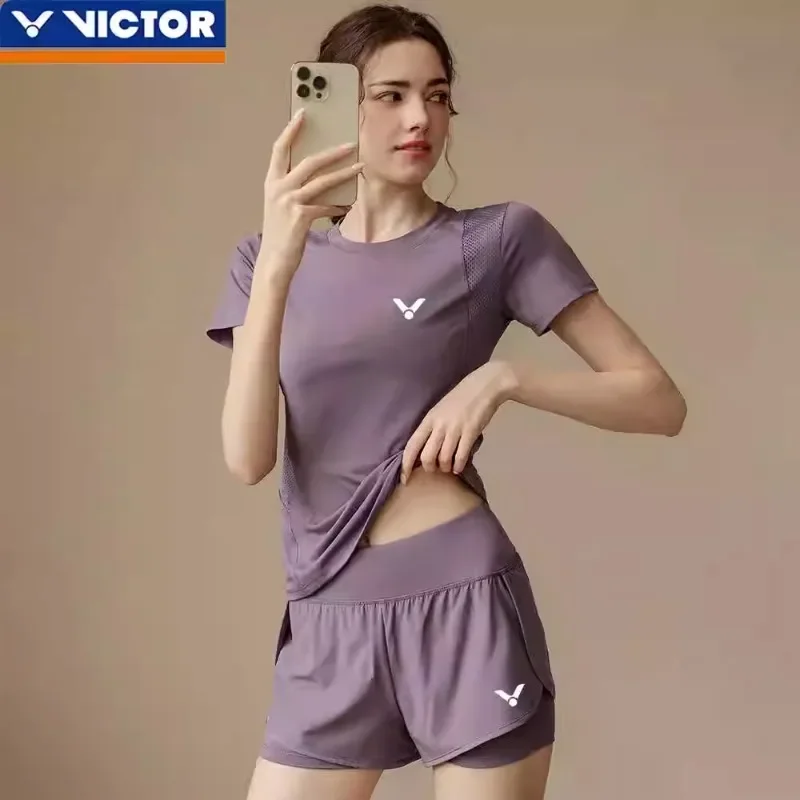 Victor New Women's Quick-drying Sports Suit Fitness Training Short-sleeved T-shirt with Shorts Suit