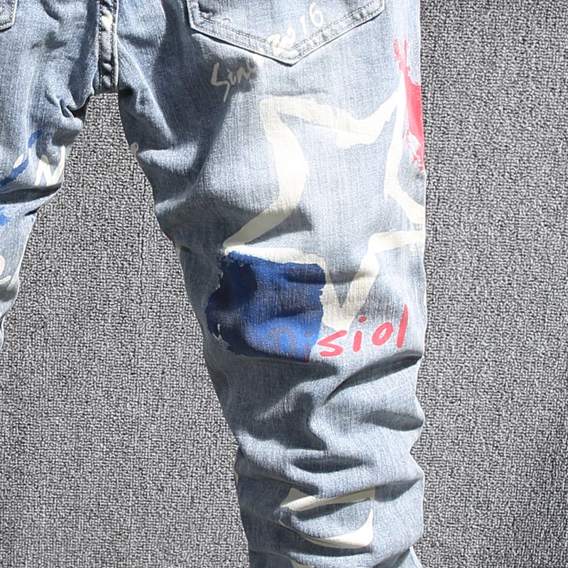 Street Fashion Men Jeans Retro Light Blue Slim Fit Printed Designer Jeans Men Punk Trousers Hip Hop Casual Pencil Pants Hombre