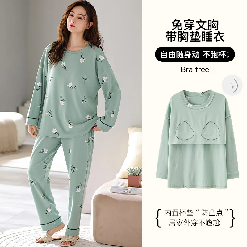 M-5XL 여성 파자마 세트, 용수철 가을 니트 코튼 파자마, 가슴 패드 포함, 꽃 인쇄, 긴 소매 잠옷