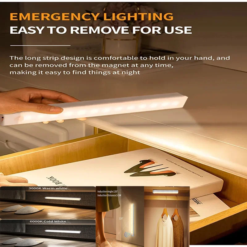 Night Light Motion Sensor LED Cabinet Light Wireless USB Rechargeable Reading Lamp Bedroom Wardrobe Lamp Under Backlight Kitchen