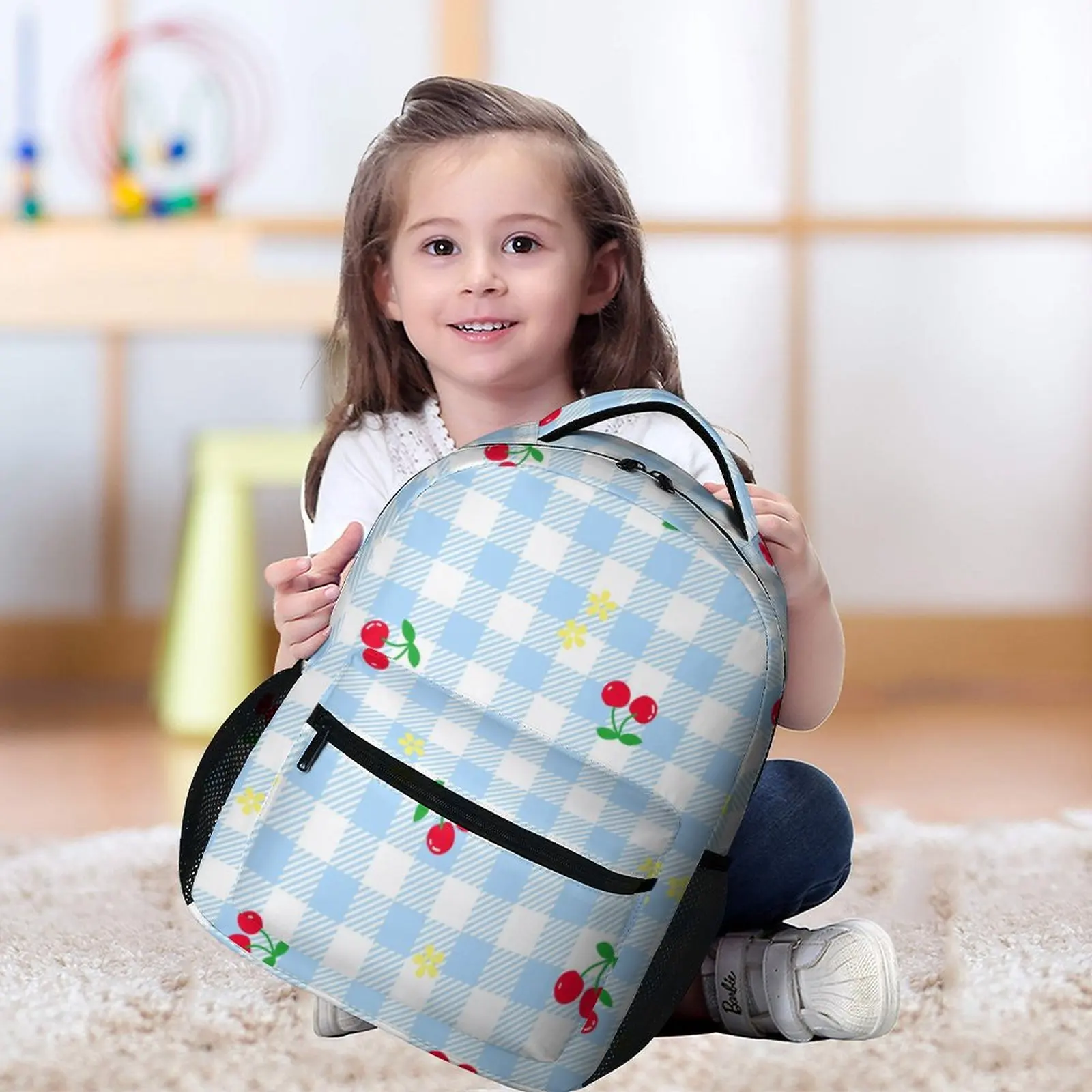 Custom Pattern Printed Blue and White Checkered Fruits Schoolbag Large Capacity Backpack Boys Girls Leisure Travel Book Bags