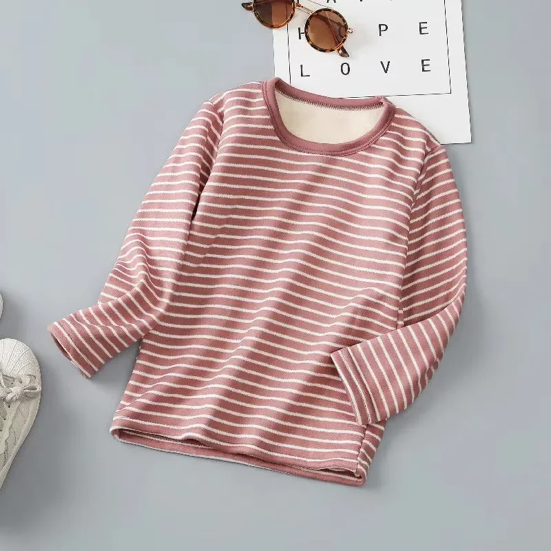 가을 겨울 어린이 열 속옷 세트 소년 소녀 플러스 벨벳 두꺼운 잠옷 부드럽고 편안한 스트라이프 홈 의류 2-피스 세트