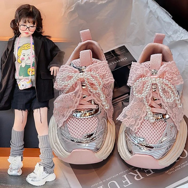 Girls Running Shoes with Sweet Mesh Bow Kids Sports Shoes Breathable 2025 New Fashion Children Sneakers Princess Style Cute 3