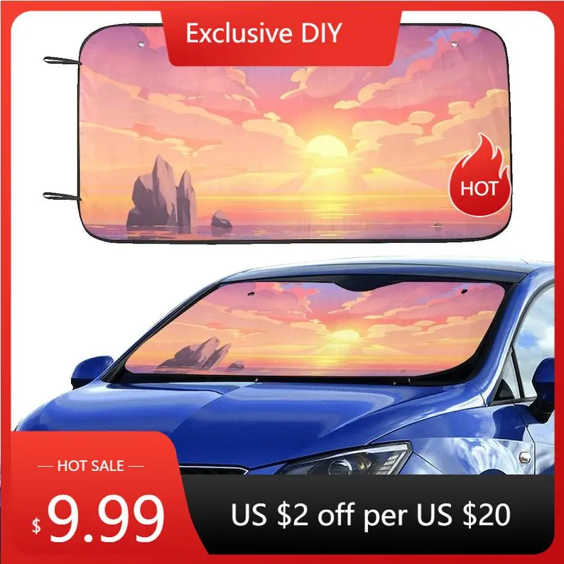 

Sunset Ocean Windshield Sun Shade, Sunrise Sea Car Accessories Auto Protector Window Visor Screen Decor 55" x 29.53"