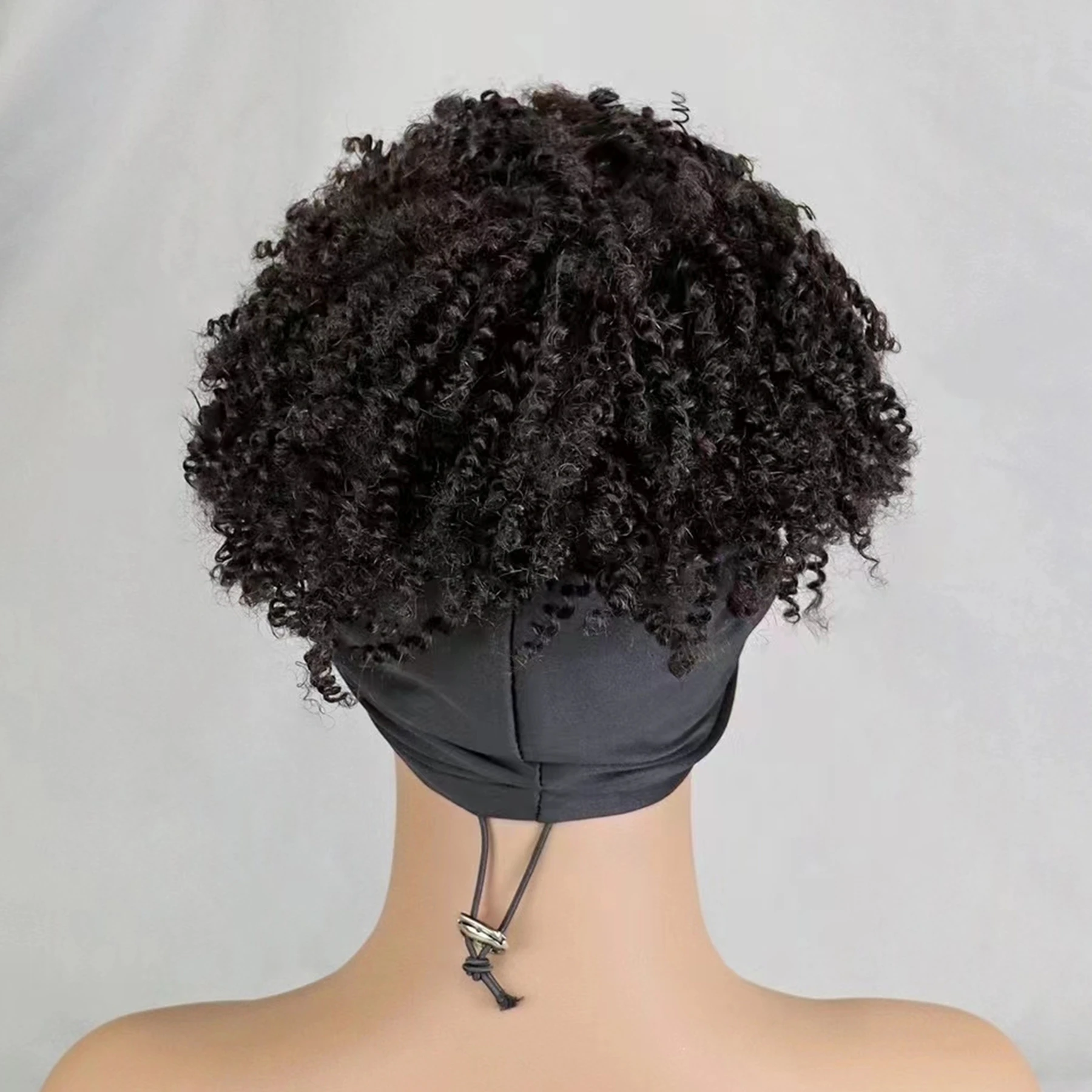 200% 밀도의 기계식 풀메이드 가발 스카프 가발 (앞머리 포함) 자연스러운 아프로 곱슬머리 짧은 인모 가발 (흑인 여성용, 프리플럭킹 처리)