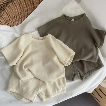 2026 Summer 1-6Y Childrens Set Waffle-patterned T-shirt and Shorts 2PCS Girls Set Scandi Style Boys Suit