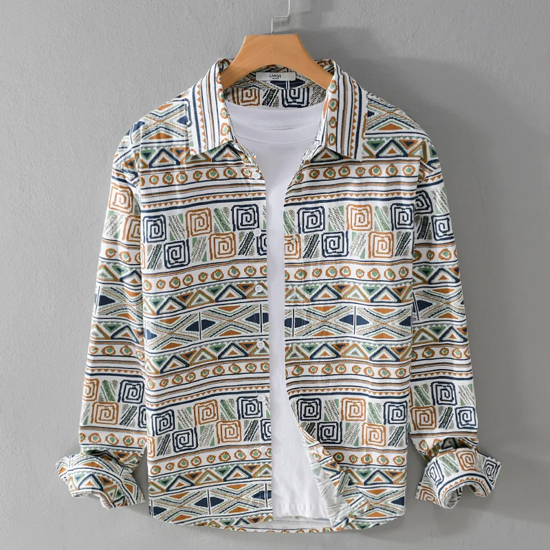 Retro Spring Autumn New Men's Cotton 100% Print Shirts Long Retro Spring Autumn New Men's Cotton 100% Print Shirts Long