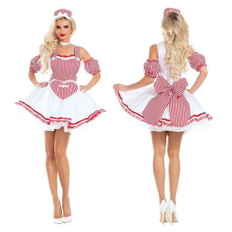 

Halloween Lace Maid Costume Halloween Cosplay Costume Oktoberfest Maid Fancy Dress Set With Headgear Collar Halloween Fancy