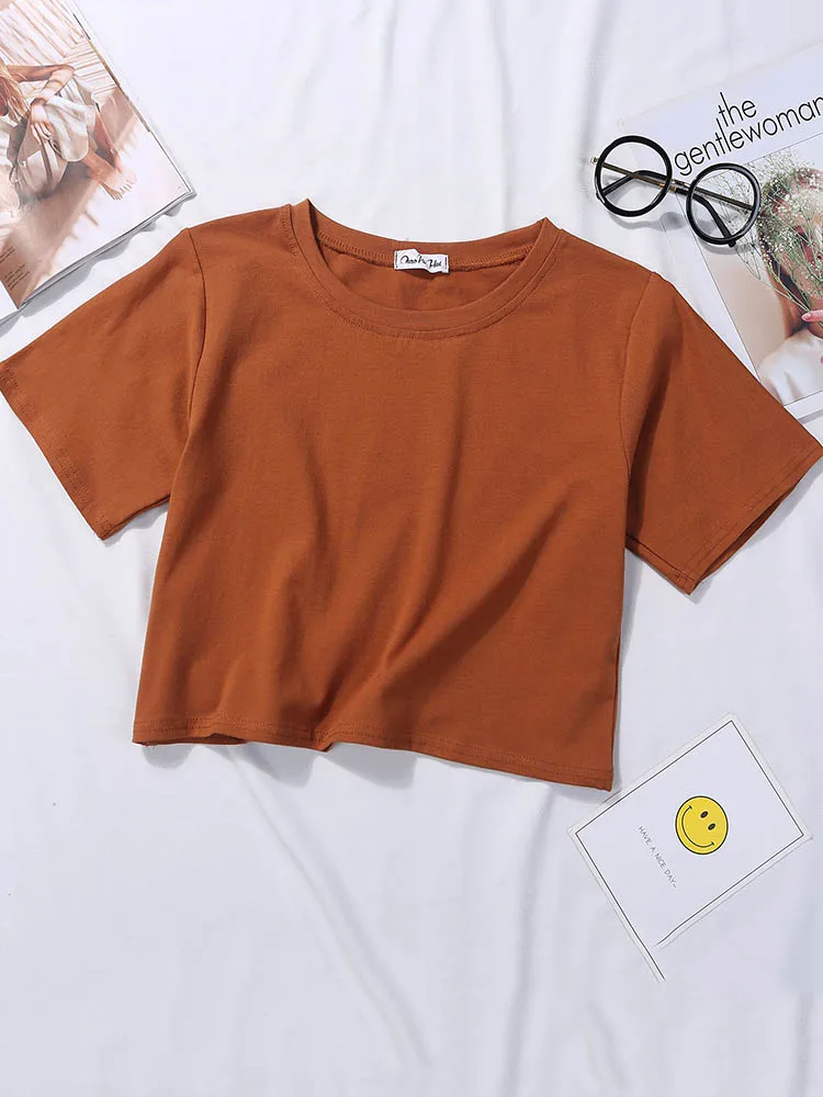 2023 Summer Short Sleeve T Shirts Women Cotton Solid T-shirt O Neck High Waist Crop Top Tee Female Casual Loose T Shirt 5