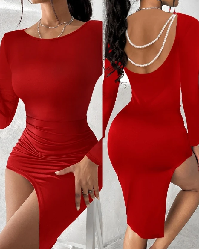 

Slim Fit Sexy Pearl Strap Without Back, Long Sleeved Asymmetrical Tight and Beautiful Girl Dress In Stock