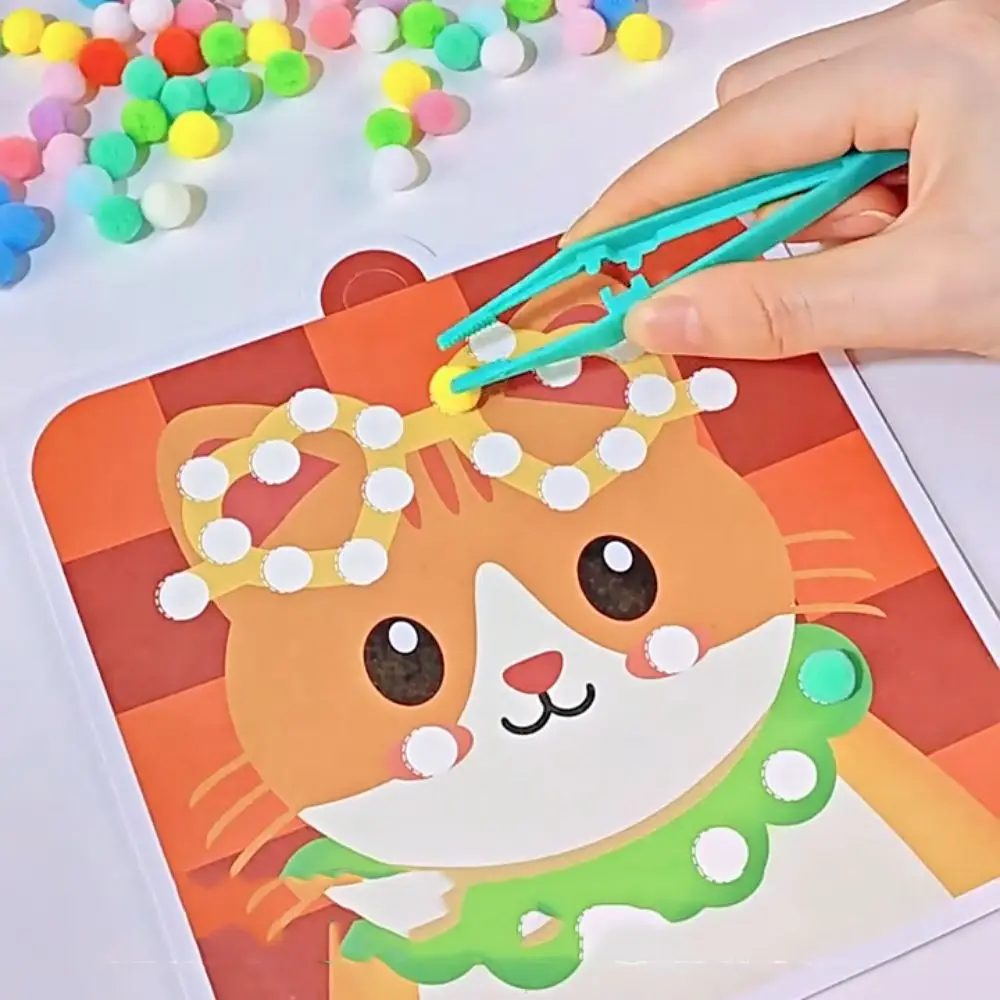 Handmade Material Children's Sticker Book Educational Hairball Animal Pompom Art Kit Early Learning Cartoon Pompom Crafts Toy