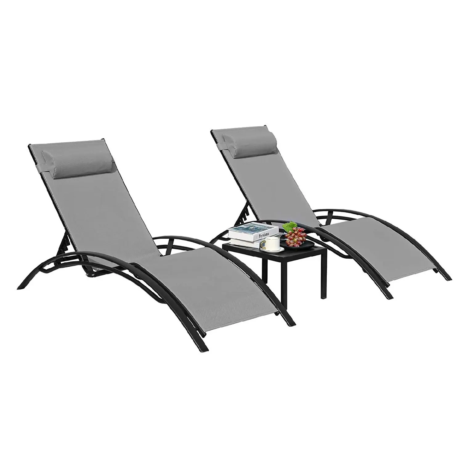 

3Pcs Sun Lounger Recliner Set Aluminum Chaise Lounges,Reclining Chair With 5 Adjustable Backrest, Head Cushion, Table For Garden