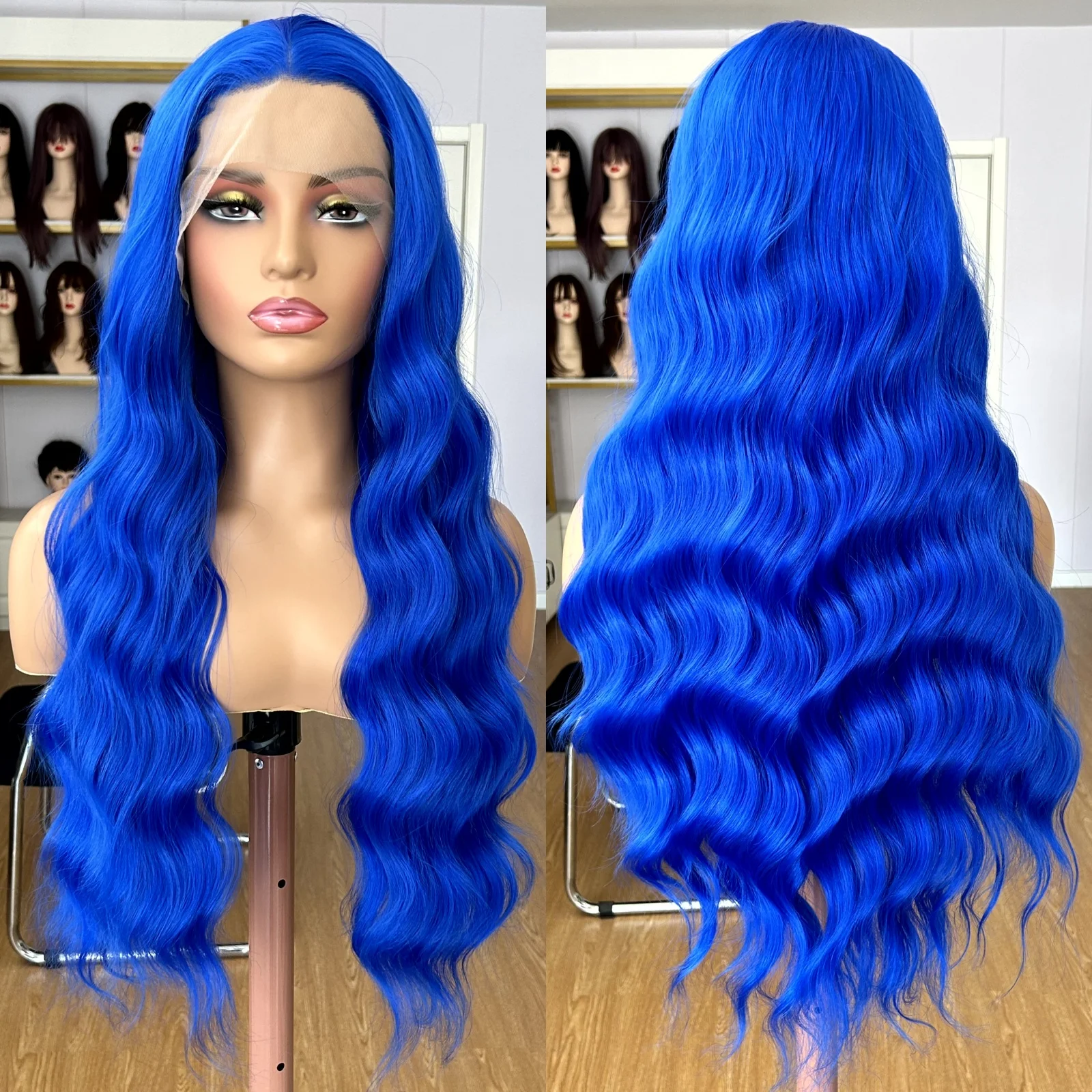 Royal Blue Long Curly Wavy Wigs for Women Synthetic Free Part Loose ...