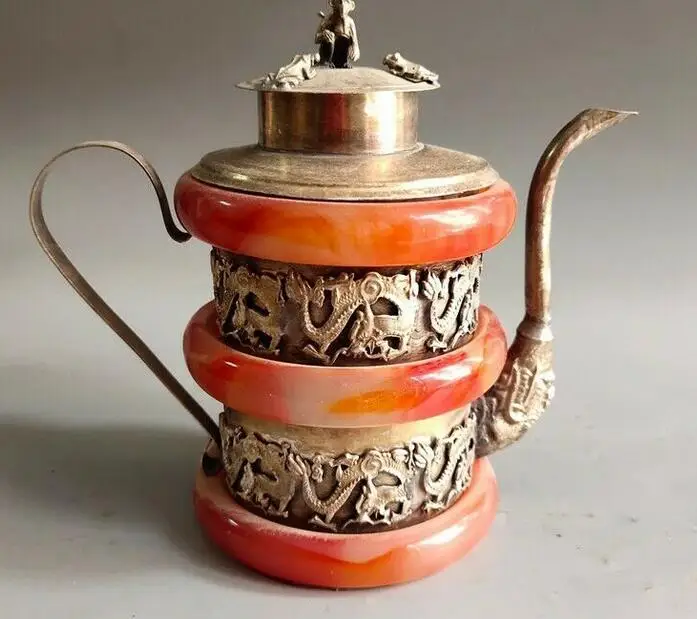 

Old Chinese Tibet Silver Inlay Red Jade handcarved Dragon Pots Wine Pot