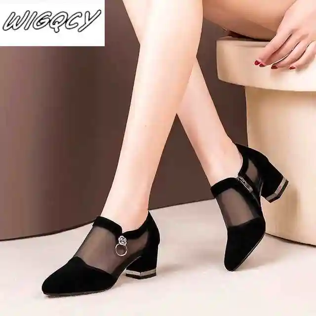 Summer Women High Heel Shoes Mesh Breathable Pumps Zip Pointed Toe Thick Heels Fashion Female Dress Shoes Elegant Footwear 1