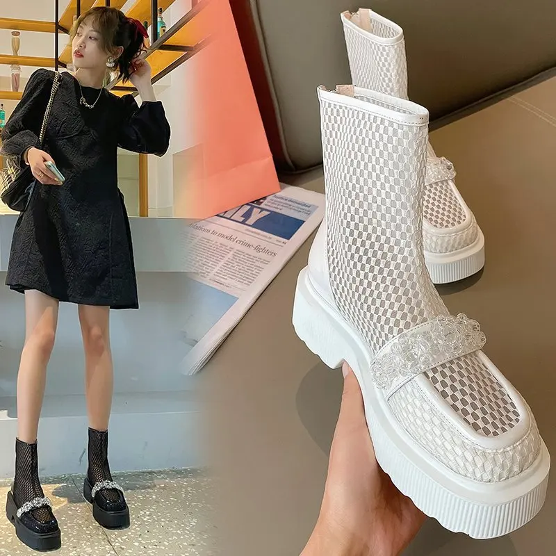 

Martin Boots Women Shoes Summer Modern Fashion Boots Mesh ZIP Round Toe Med 3cm-5cm String Bead Street Style Breathable Sandals