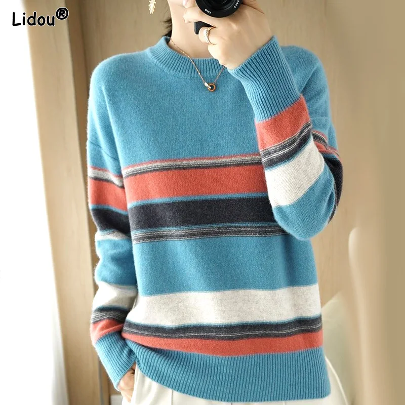 

Women's Clothing Loose Striped Patchwork Thick Autumn Winter Round Neck Keep Warm Supple Pullovers Office Lady Straight Casual