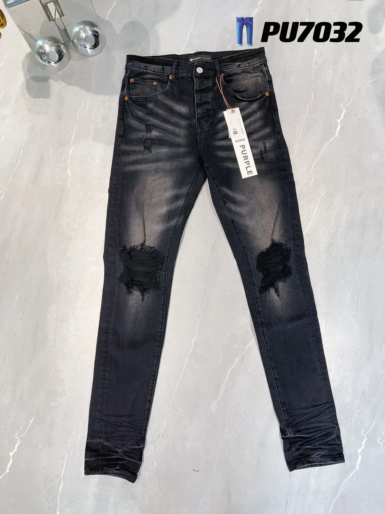 

Purple Brand Men's Distressed Slim Fit Washed Destroyed Make Old Hole Ripped Black Jeans Denim Pants Trousers