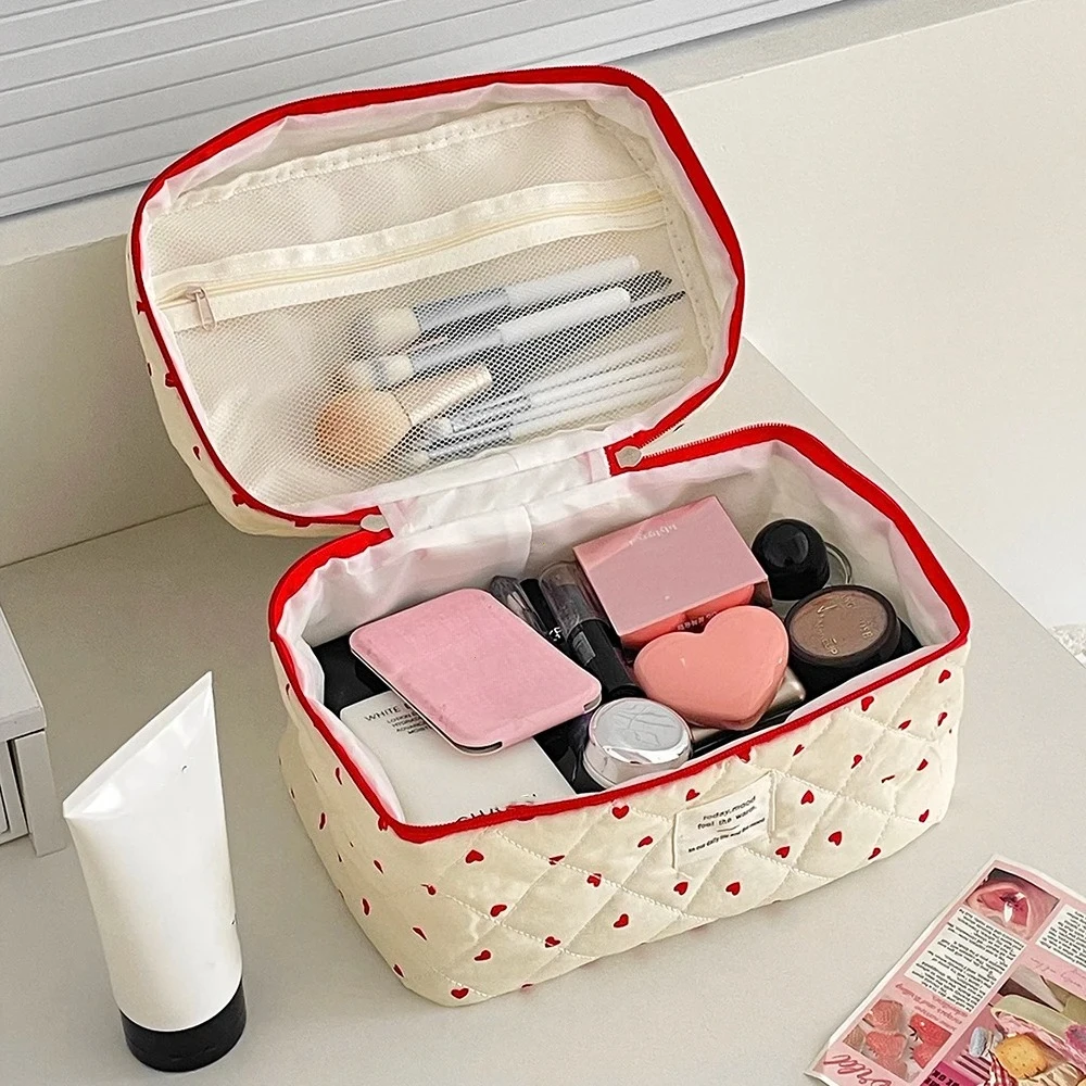 Fashion Ins Heart Women Quilting Makeup Bag Large Capacity Toiletry Cosmetic Storage Pouch Handbag Ladies Zipper Makeup Bag