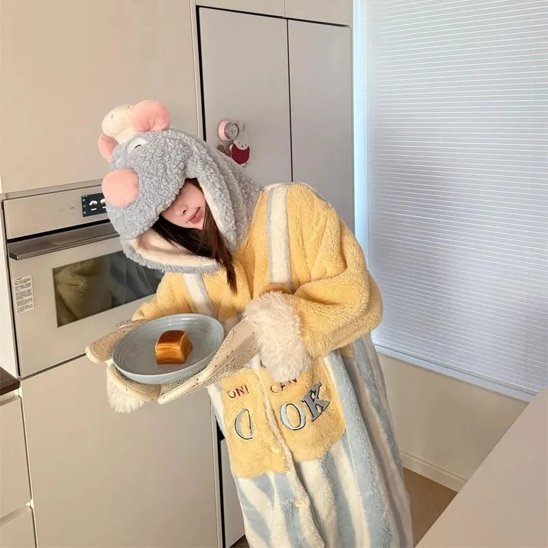 חליפת דיסני קרטון רטטויל חמודה עם פליז קורל לנשים, חליפת לילה עם כובע מעובה לסתיו וחורף