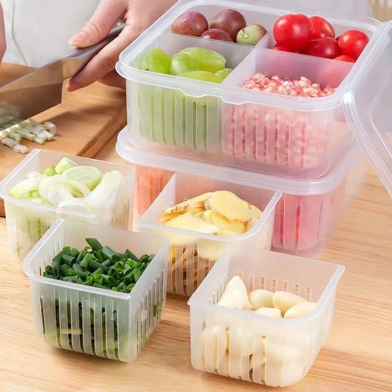 Refrigerator Preservation Box Transparent Double-layer Sealed Box Vegetable Fruit Spring Onion Ginger Garlic Food Grade Drain 4