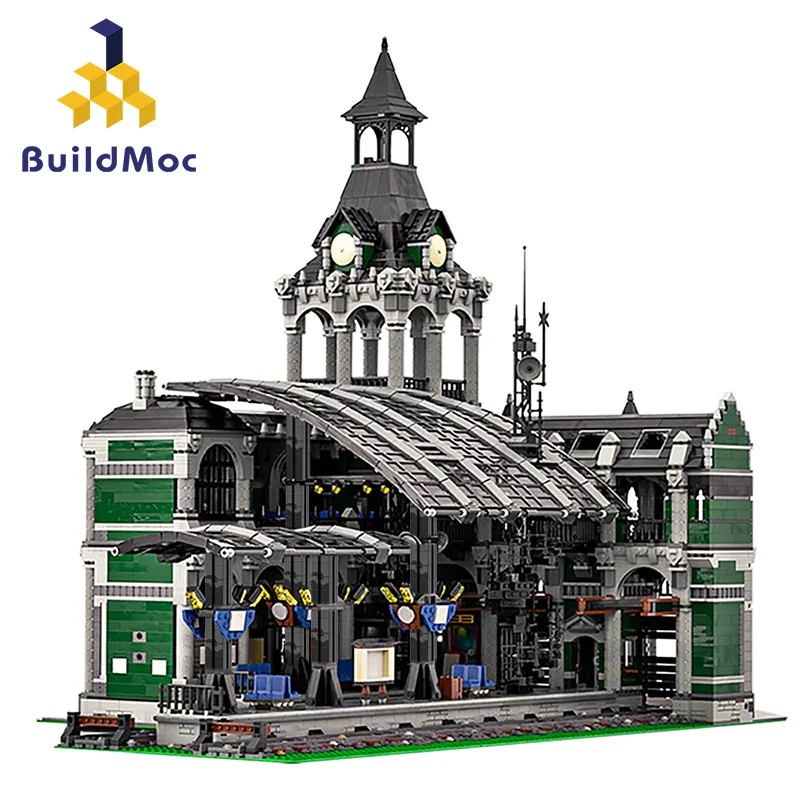 

MOC Dark Green Style Building Blocks Kit Modular Train Station Architecture Railway Station Bricks Toys For Children Xmas Gifts