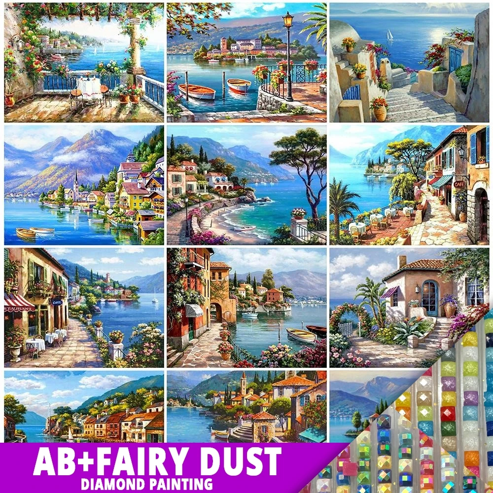 

Алмазная живопись с пылью AB, живописная мозаика 5D, городская вышивка крестиком, морская картина искусства, полная картина, поделки своими руками