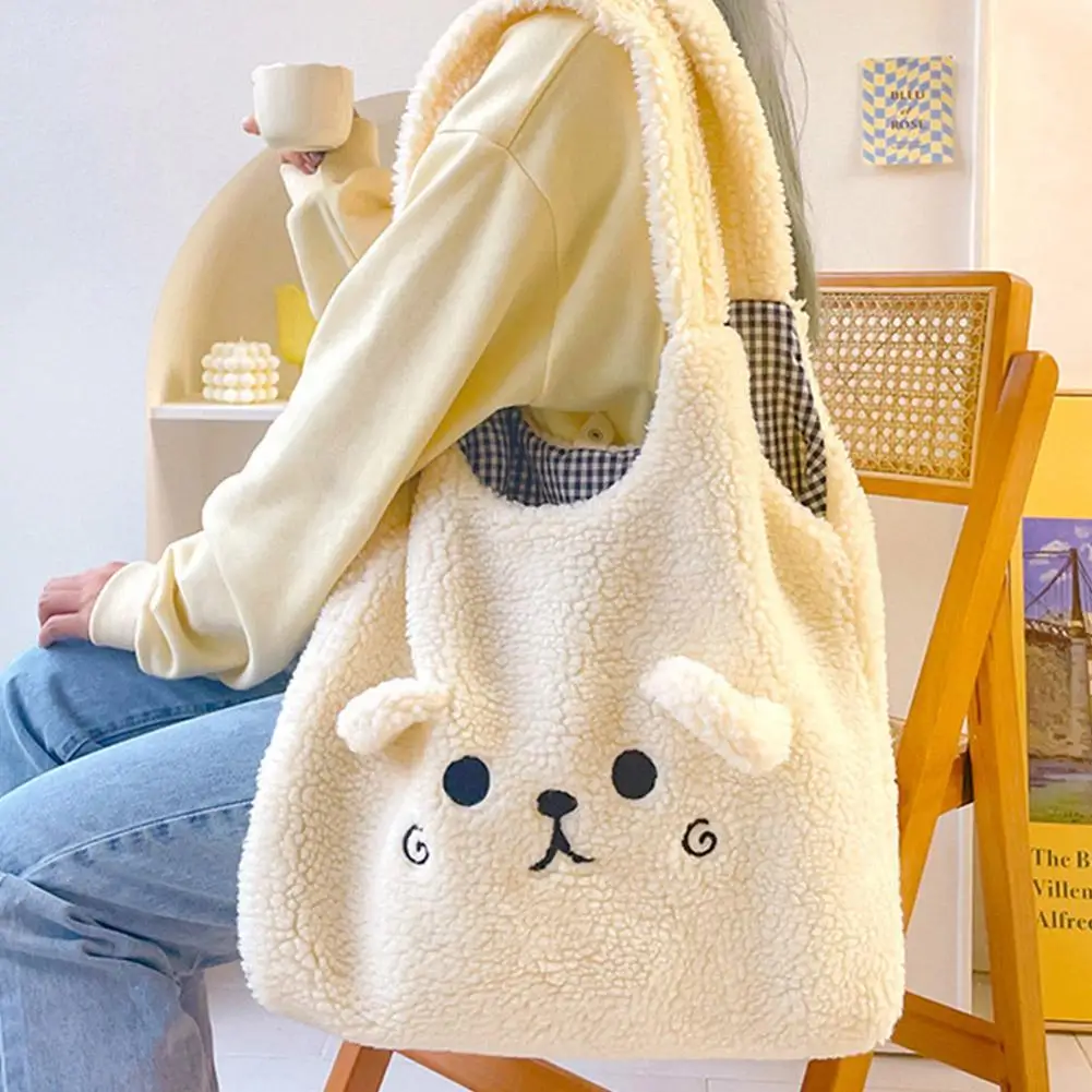 Soft Plush Tote Bag Women Cartoon Embroidery Imitation Lamb Hair Shoulder Shopper O7H5