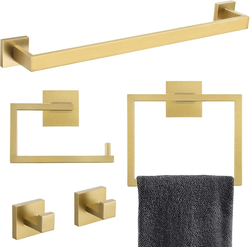 YACVCL 5-Piece Bathroom Hardware Accessories Set 23.6 in Brushed Gold Bar Towel Rack Sets Modern Towel Ring Kit Stainless Steel